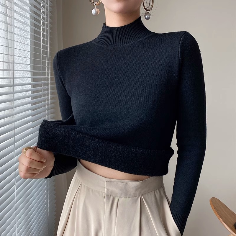 加絨加厚毛衣女秋冬季2023新款半高領黑色針織打底衫內搭保暖上衣