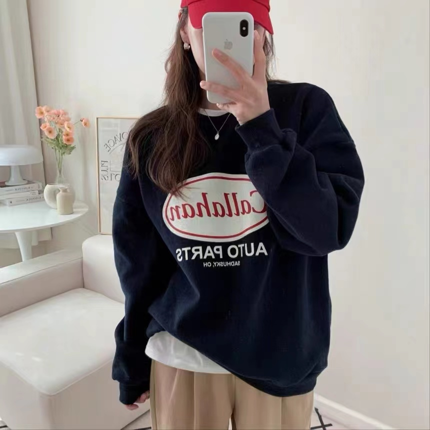 復古小眾字母印花慵懶風衛衣女冬加絨款撞色寬鬆休閒長袖上衣