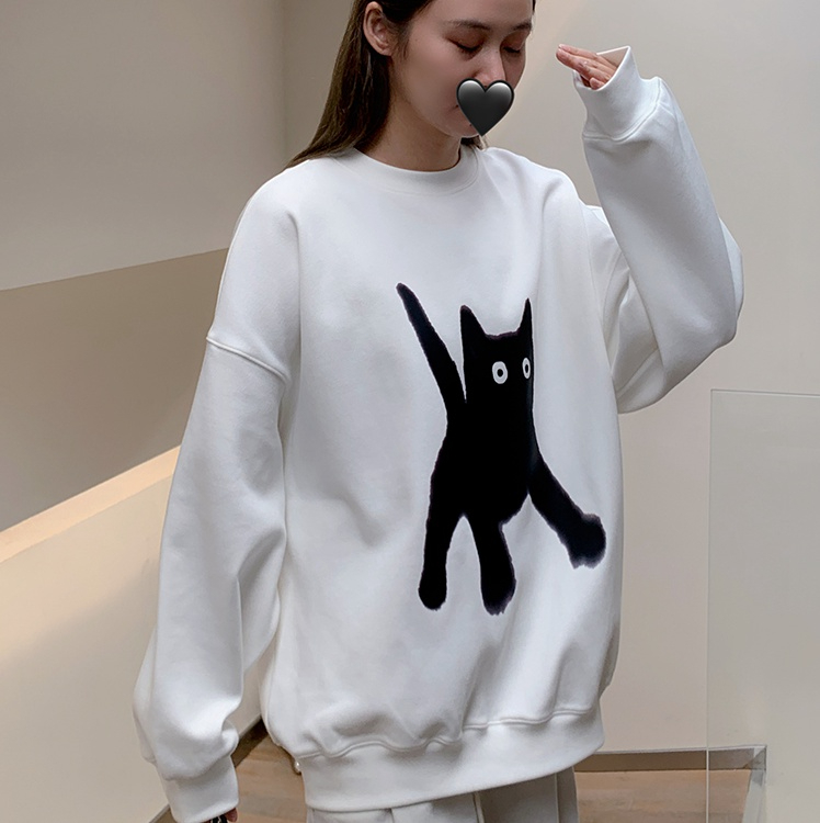 高品質400g華棉複合銀狐絨 小眾設計貓咪圖案白色圓領衛衣女