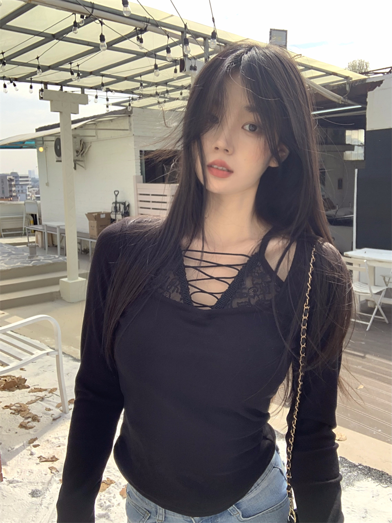 實拍 自帶胸墊假兩件棉t秋冬修身純欲內搭打底衫