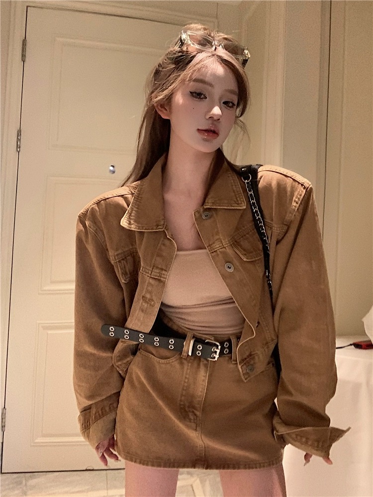 寬鬆長袖牛仔外套美式復古套裝女秋冬高腰包臀半身裙短裙子兩件套
