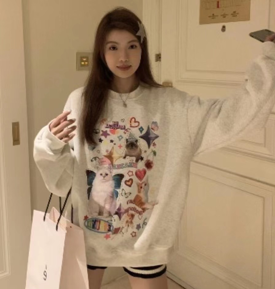 甜美風可愛小貓印花長袖套頭圓領衛衣女秋冬加絨寬鬆顯瘦百搭上衣