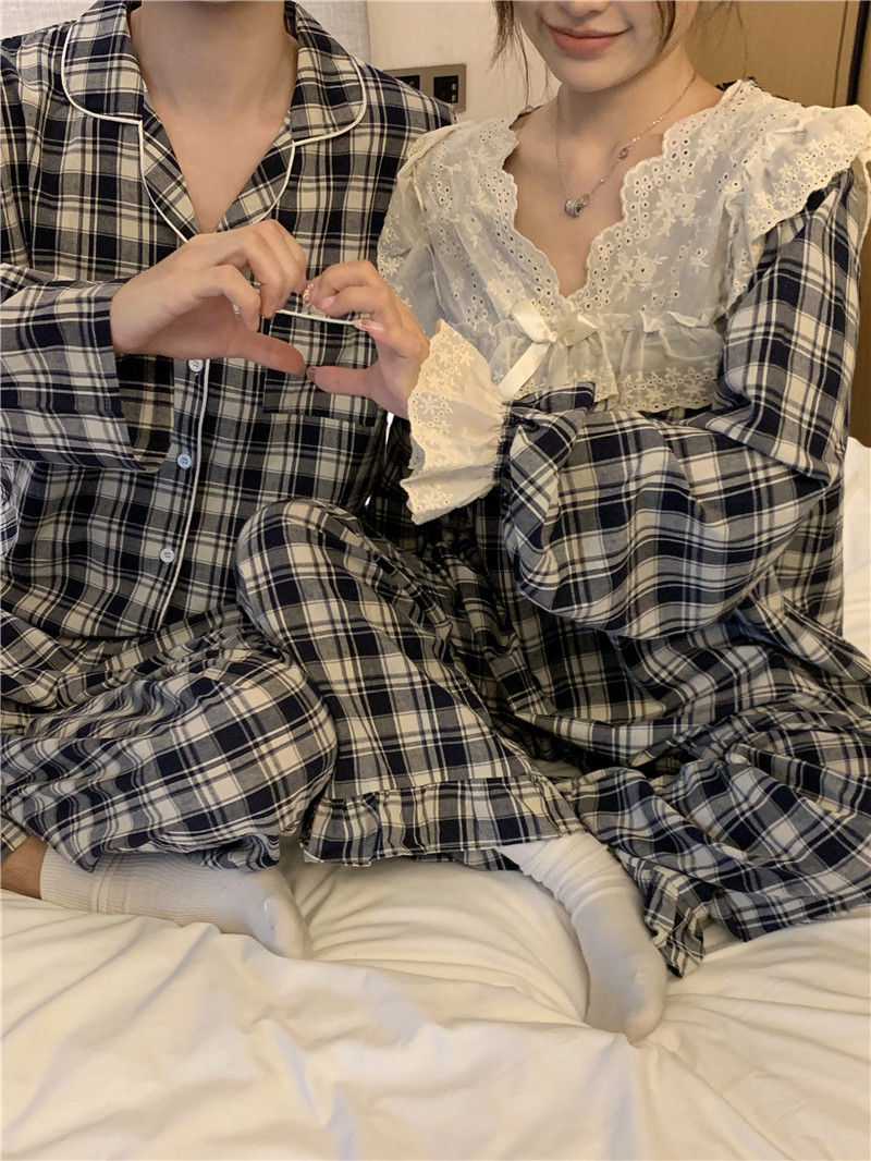 實拍韓版秋冬情侶休閒全棉格子甜美蕾絲寬鬆公主風家居服套