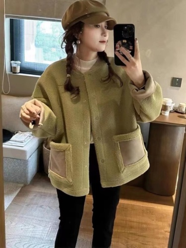 Korean small autumn and winter  new loose Korean style casual round neck jacket for women suede fur one-piece trendy