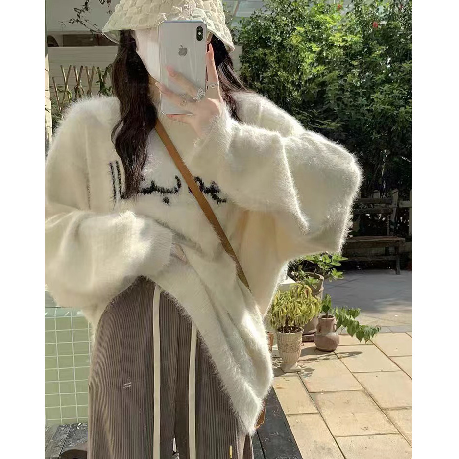 White sweater fufu sweater for women thickened spring and autumn lazy style plush design niche loose top