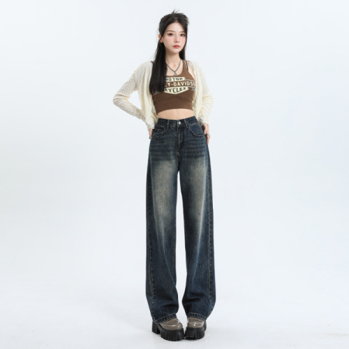 Real shot of autumn and winter high-waisted summer straight jeans for women, high-waisted pants, narrow version, thin wide-leg pants, retro blue