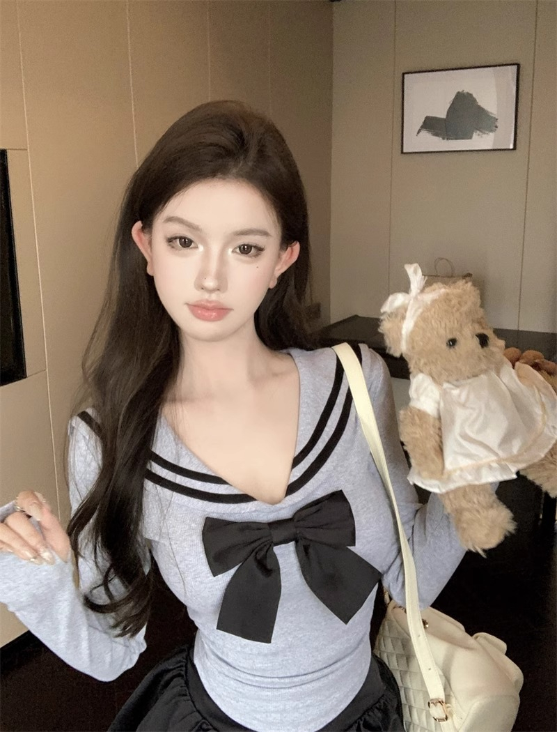 莫代爾 撞色蝴蝶結海軍領長袖T恤女秋季學院風修身短款打底衫上衣