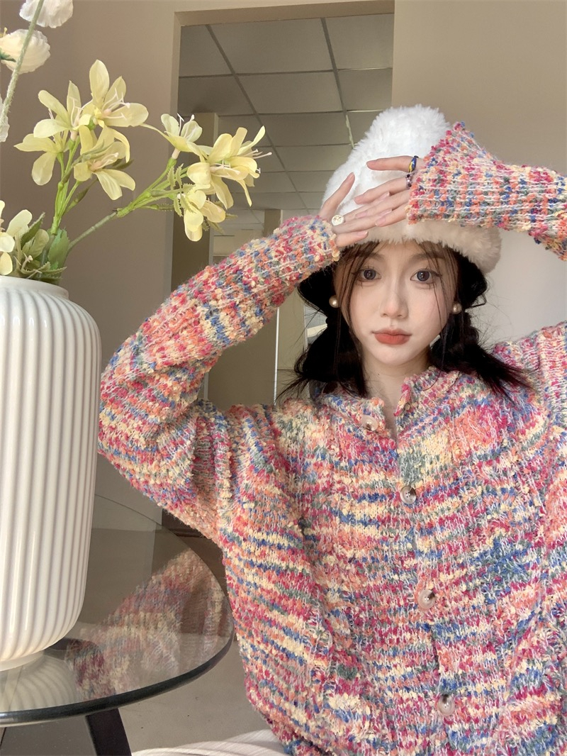 軟糯溫柔風V領長袖針織開衫彩虹慵懶風設計感毛衣外套單排扣上衣