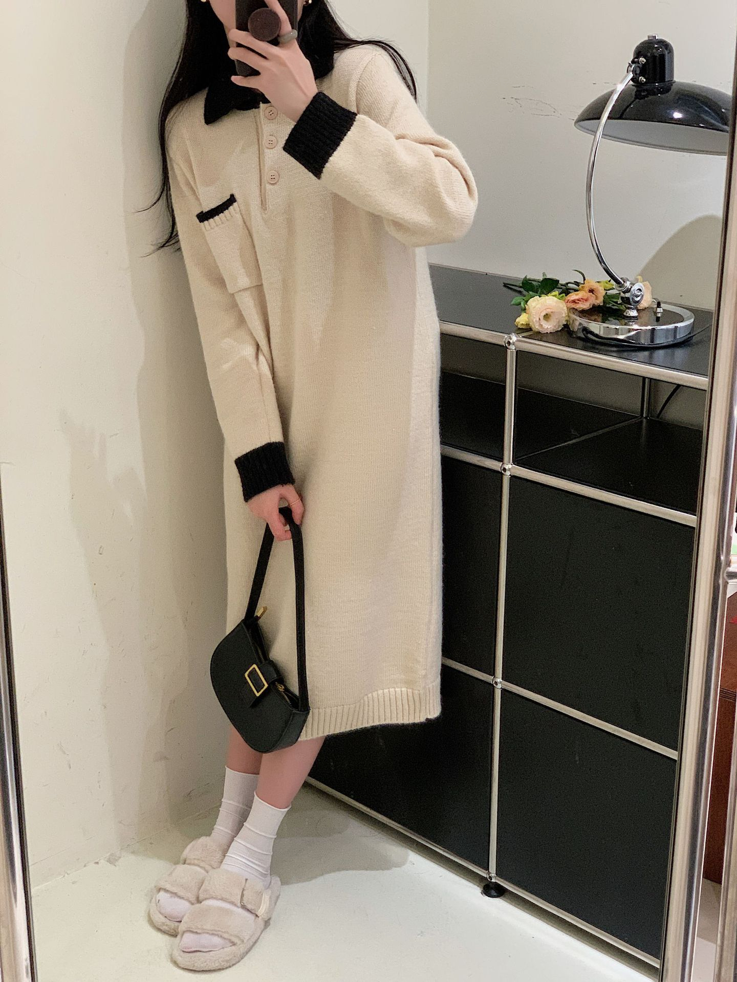 毛衣裙秋冬配大衣韓版女冬季加厚polo領正肩酒紅色中長款針織裙子