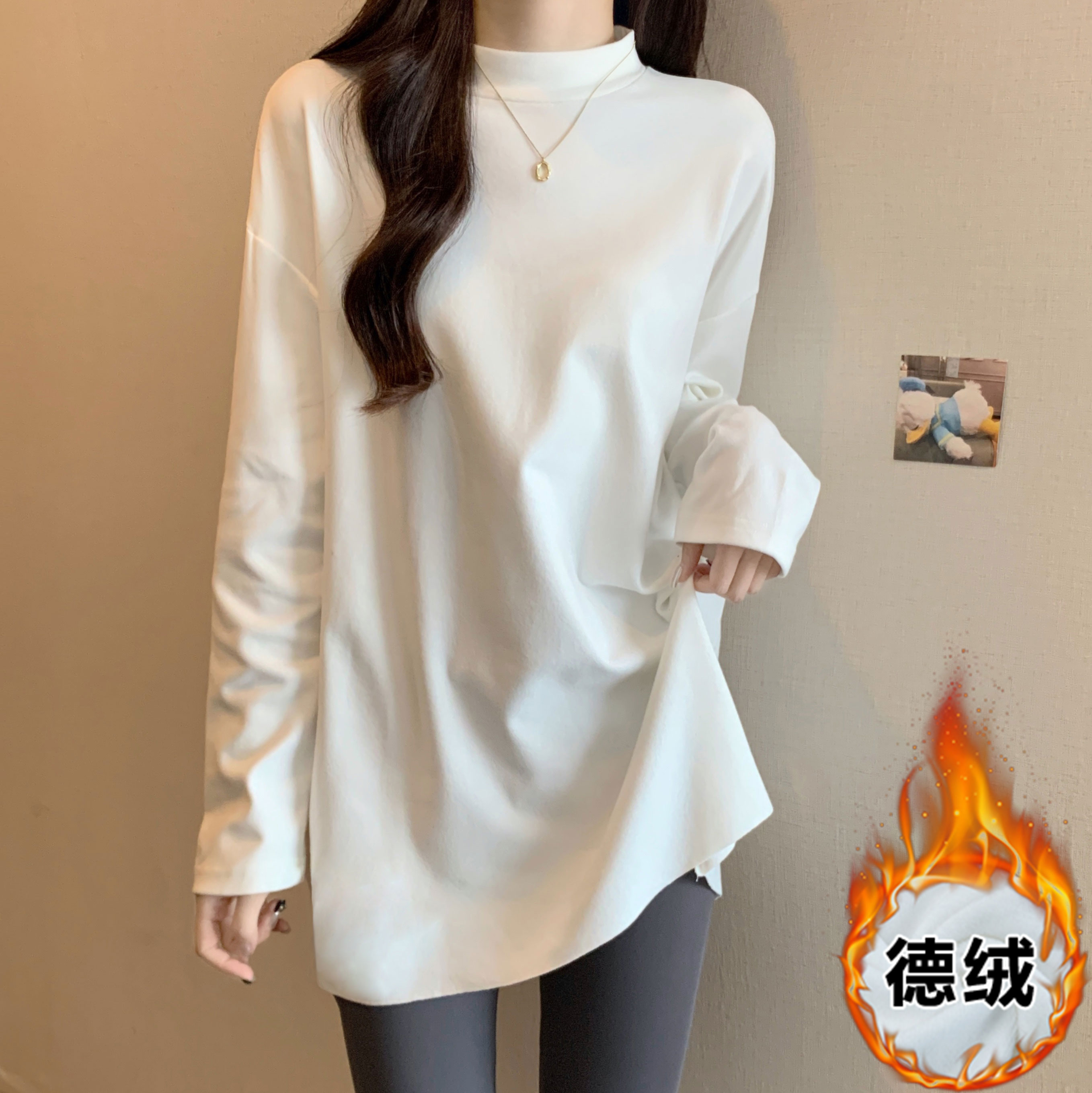 實拍中長款德絨半高領打底衫女秋冬基礎款純色加厚陽離子上衣