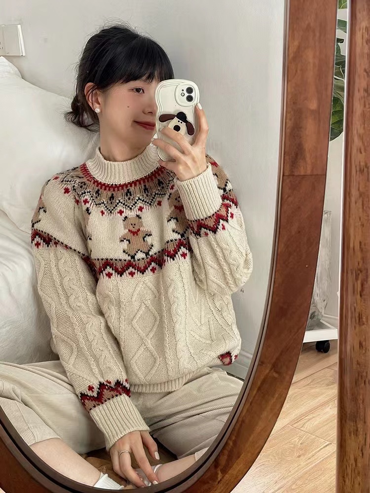 古着聖誕毛衣女小熊餅乾提花厚秋冬韓國小眾高級感純羊毛針織上衣