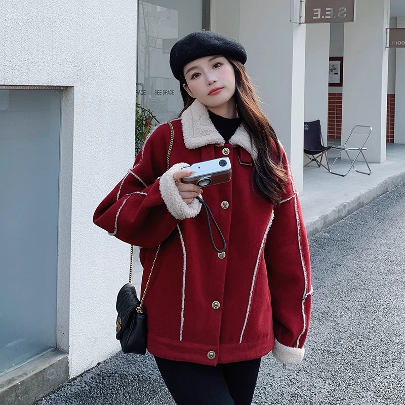 Red lamb wool spliced ​​parka cotton jacket for women winter coat with velvet and thickening 2023 street style American retro cotton jacket