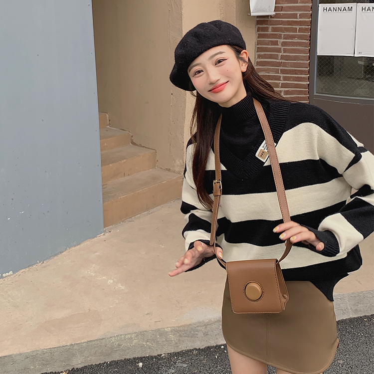 實拍半高領假兩件毛衣初中少女寬鬆條紋洋氣保暖內搭冬裝