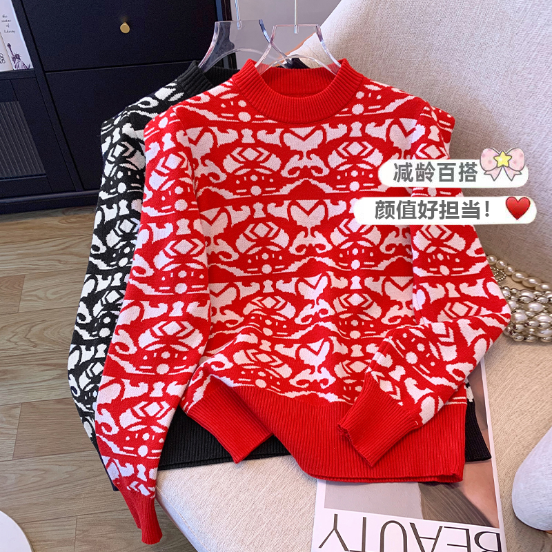 秋冬復古氣質提花撞色圓領套頭長袖毛衣女韓版休閒短款針織衫上衣