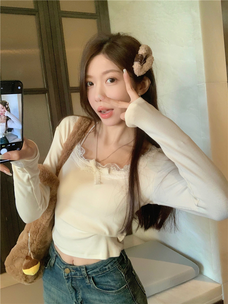 實拍~純欲蕾絲拼接長袖針織上軟糯修身短款上衣女