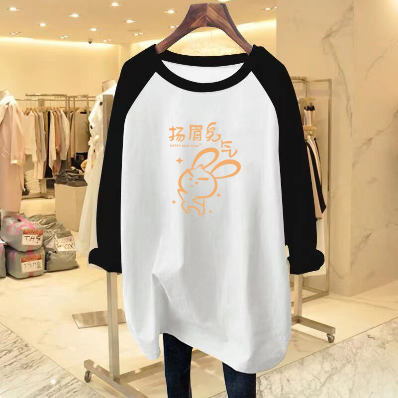春秋季新款純棉長袖t恤女設計感小眾上衣撞色寬鬆減齡打底衫