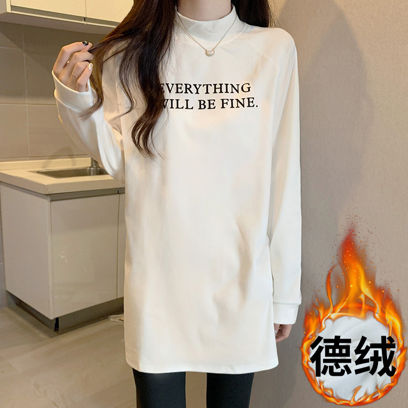 實拍秋冬加厚德絨半高領打底衫女中長款t恤插肩長袖印花上衣