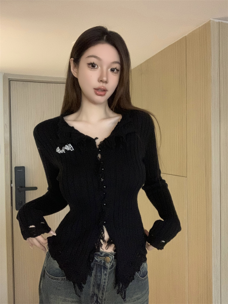 實拍 純欲設計感毛毛邊V領毛衣修身顯瘦小眾別致開衫上衣