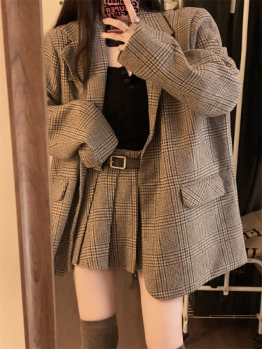 实拍~2023韩系学院风套装格子西装外套复古高腰百褶裙连件套