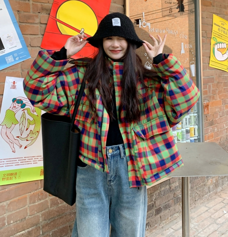 復古格子短款棉服女秋冬季2023時尚新款韓版連帽加厚麵包服
