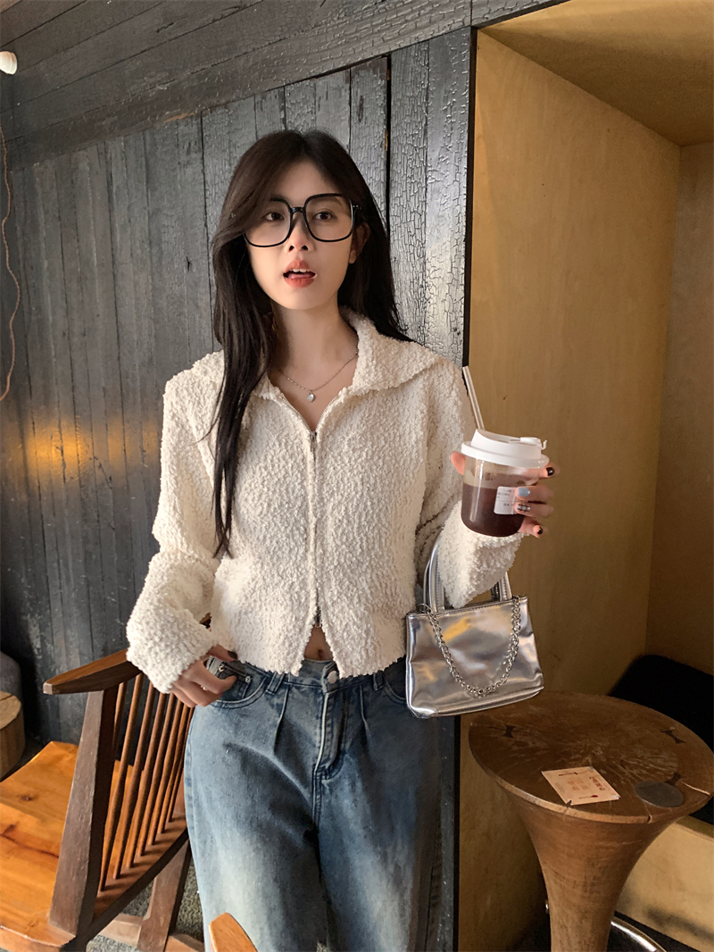 實拍 冬季新款顆粒感POLO領設計感雙拉鏈開衫純色毛衣外套女