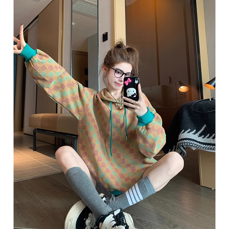 Original workmanship American retro plaid sweatshirt for women spring and autumn 2023 new style small lazy style hooded top
