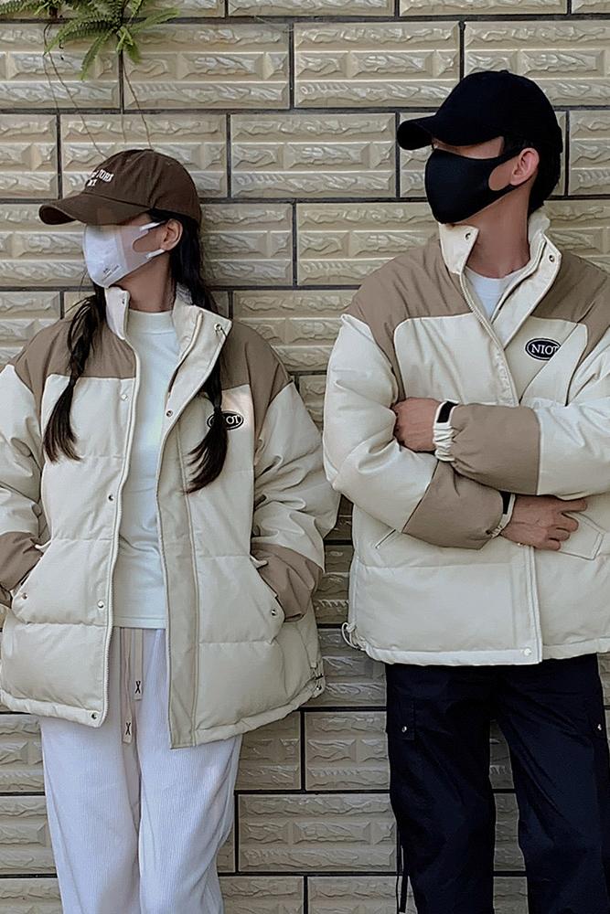 Couple style splicing design 2023 new down jacket short style for small women college style loose side