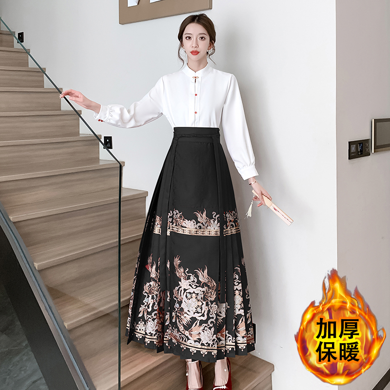 實拍漢服女國風新式馬面裙套裝2023新款秋冬款上衣搭配黑色日常款