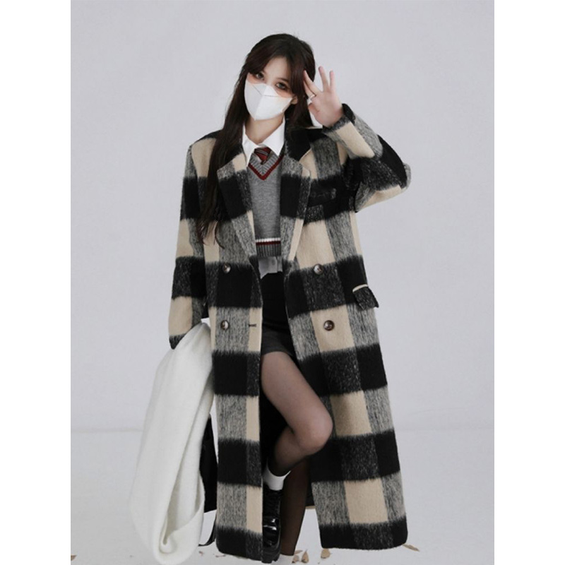 格子呢子大衣女2023秋冬季新款寬鬆加厚韓系赫本風小個子毛呢外套