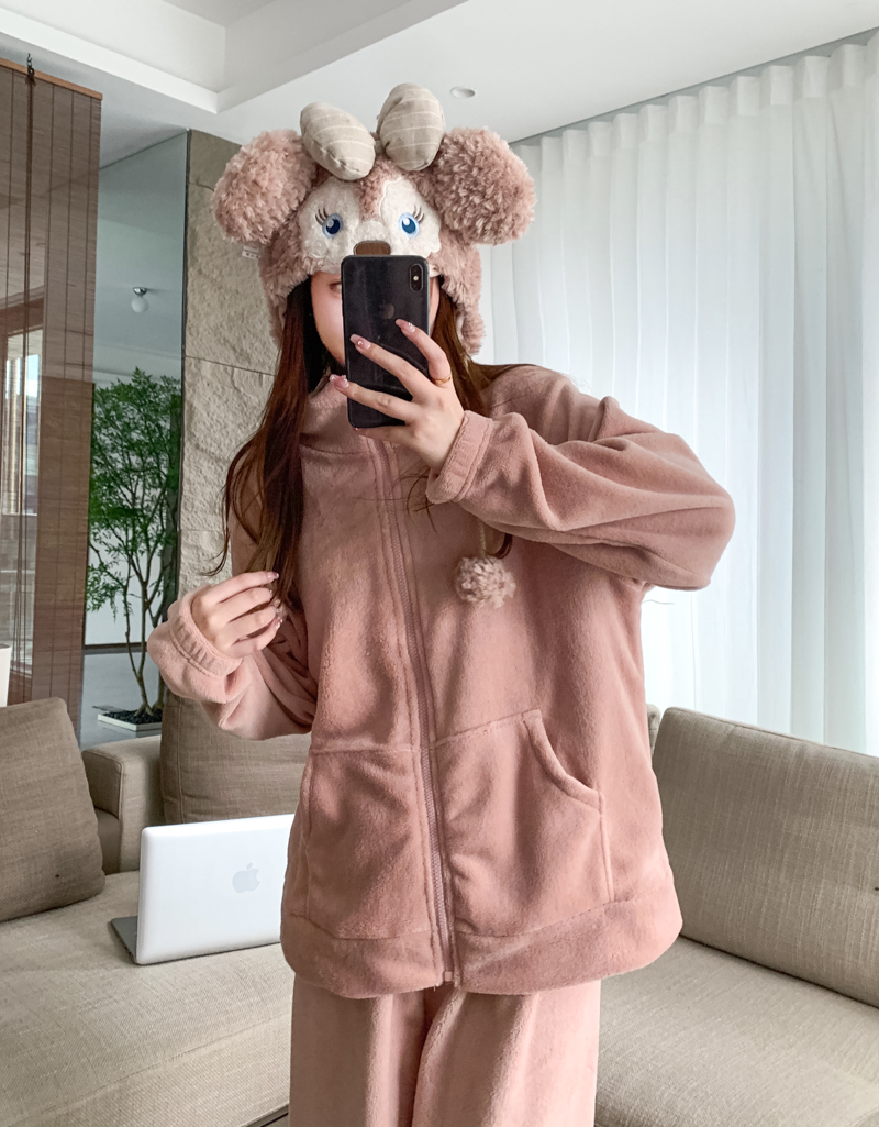 實拍 毛茸兩件套睡衣女秋冬可外穿珊瑚絨居家服外套衛衣開衫
