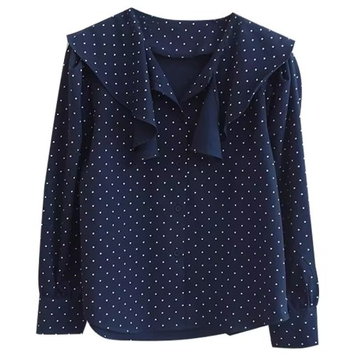 Collarbone top scheming design 2023 spring and autumn new style long-sleeved white V-neck shirt with light mature polka dots for women