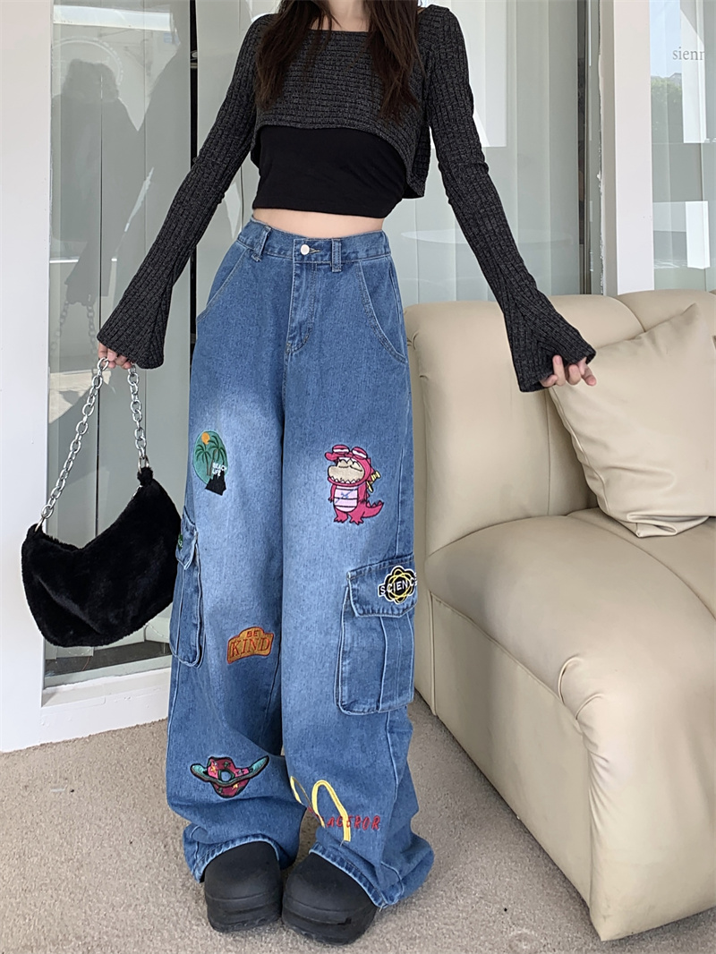 實拍！趣味卡通刺繡工裝牛仔褲女寬鬆顯瘦拖地闊腿直筒褲