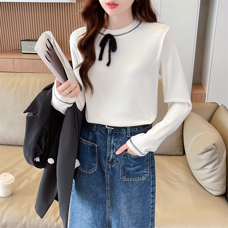 Actual shot of the new autumn and winter double-sided German velvet T-shirt for women, round neck, loose mid-length bottoming shirt top