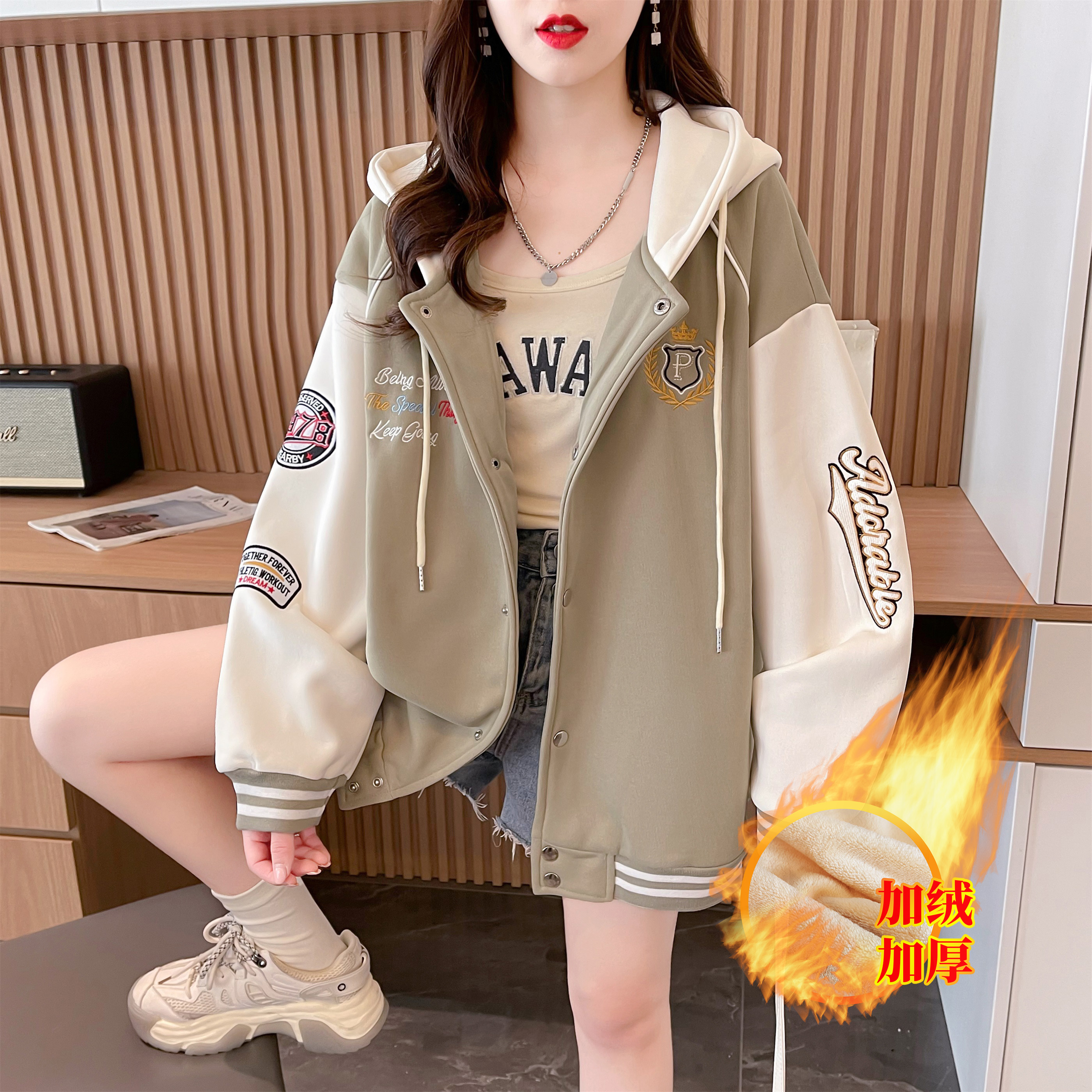 實拍冬裝新款撞色華棉複合加絨加厚棒球服外套寬鬆連帽衛衣女