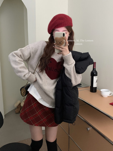 韩系爱心针织毛衣女装秋冬2023新款甜美减龄撞色套头宽松长袖上衣