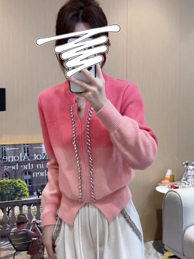 慵懶小眾設計重工釘珠暈染毛衣外套女秋冬新款寬鬆休閒長袖針織衫