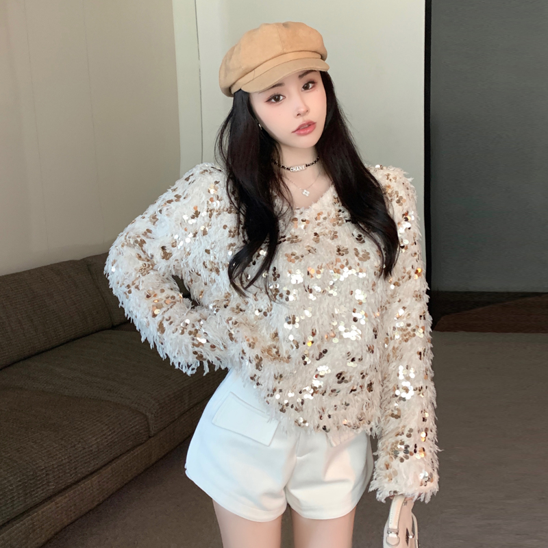 Real shot V-neck loose sequined feather sweater for women autumn and winter 2023 new high-end niche design top