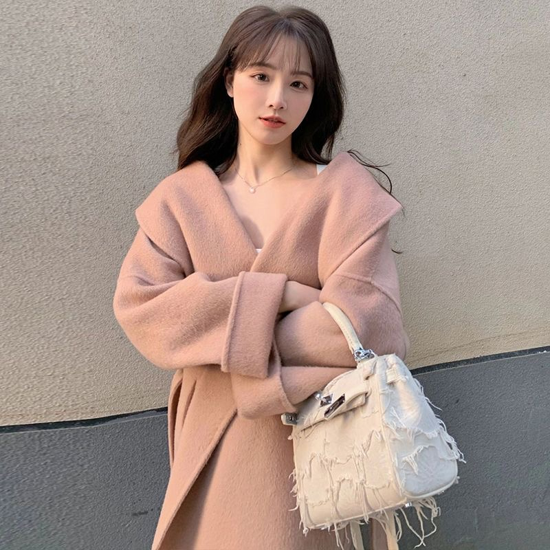 呢子大衣女學院風韓系2023冬季粉色小眾氣質毛呢外套高級感小個子