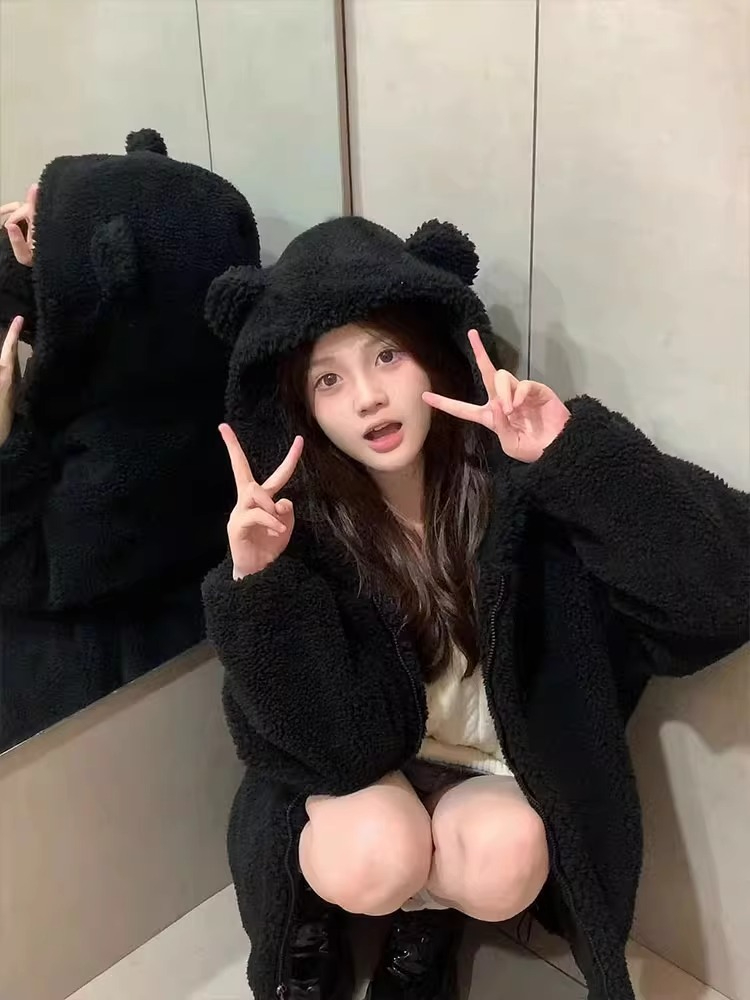 Women's trendy lamb wool bear ear hooded coat plus size women's clothing