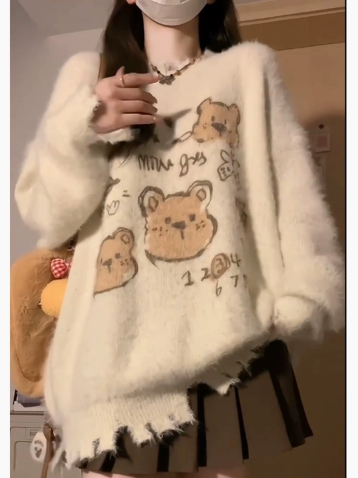 Lazy style cute cartoon jacquard round neck long-sleeved pullover sweater for women autumn and winter new soft waxy loose knitted top
