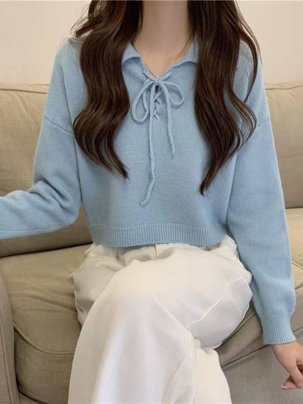 溫柔風系帶短款針織上衣女秋冬寬鬆洋氣內搭polo領簡約毛衣打底衫