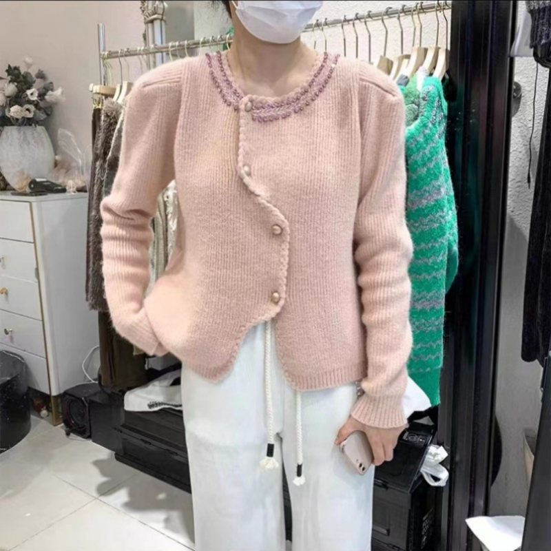 小香風不規則紫色毛衣開衫毛衣外套女秋冬小眾別致短款針織衫上衣