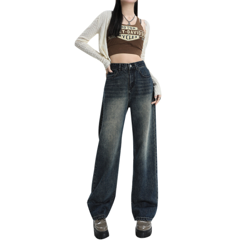 Real shot of autumn and winter high-waisted summer straight jeans for women, high-waisted pants, narrow version, thin wide-leg pants, retro blue