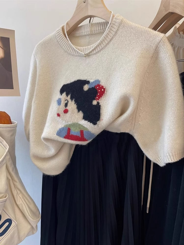 Round neck pullover mohair soft waxy sweater short-sleeved women's spring and autumn loose lazy style wool sweater autumn and winter clothing