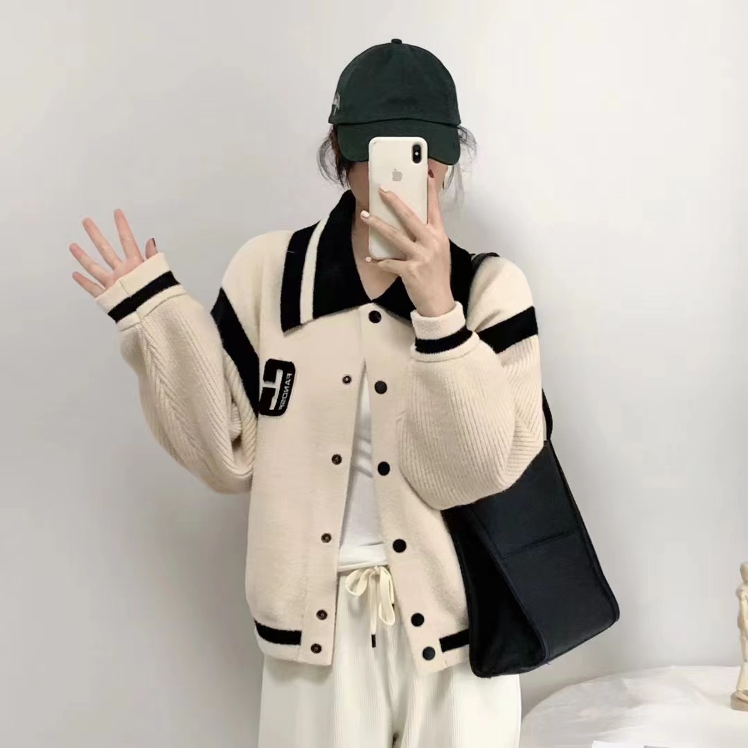Mink velvet autumn and winter contrasting letters thickened casual versatile loose double-sided woolen baseball uniform knitted jacket for women