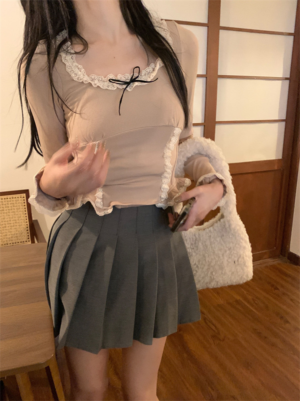 實拍   小方領蕾絲花邊內搭修身顯瘦打底衫上衣