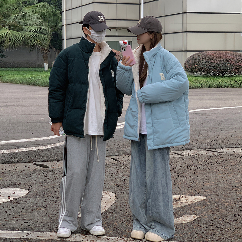 Real shot of corduroy stand-up collar couple wear 2023 winter Korean version down jacket lamb wool cotton coat Hong Kong style double-sided cotton coat
