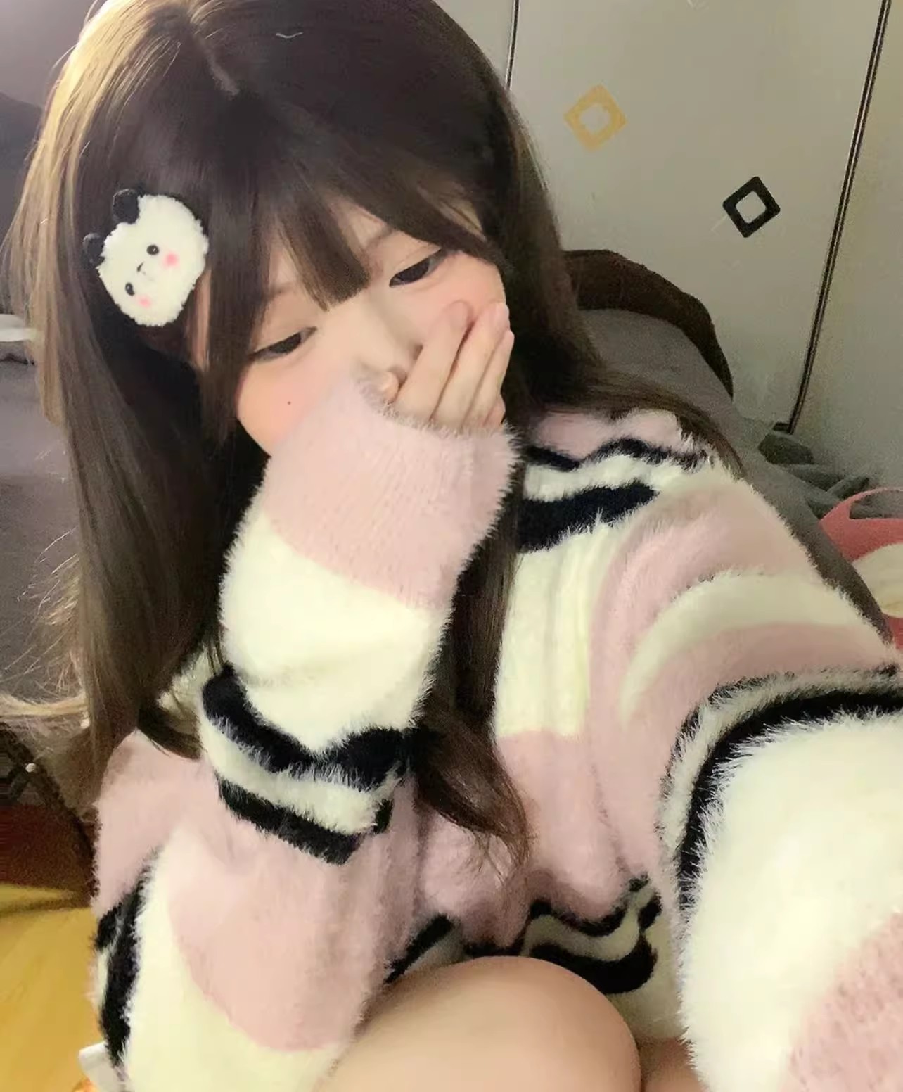 2023秋冬新款韓版設計感溫柔慵懶風水貂絨條紋毛衣女寬鬆上衣