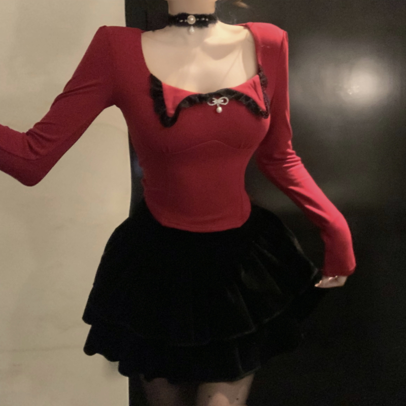 實拍 純欲蕾絲翻領長袖打底衫t恤修身顯瘦聖誕紅辣妹短款上衣