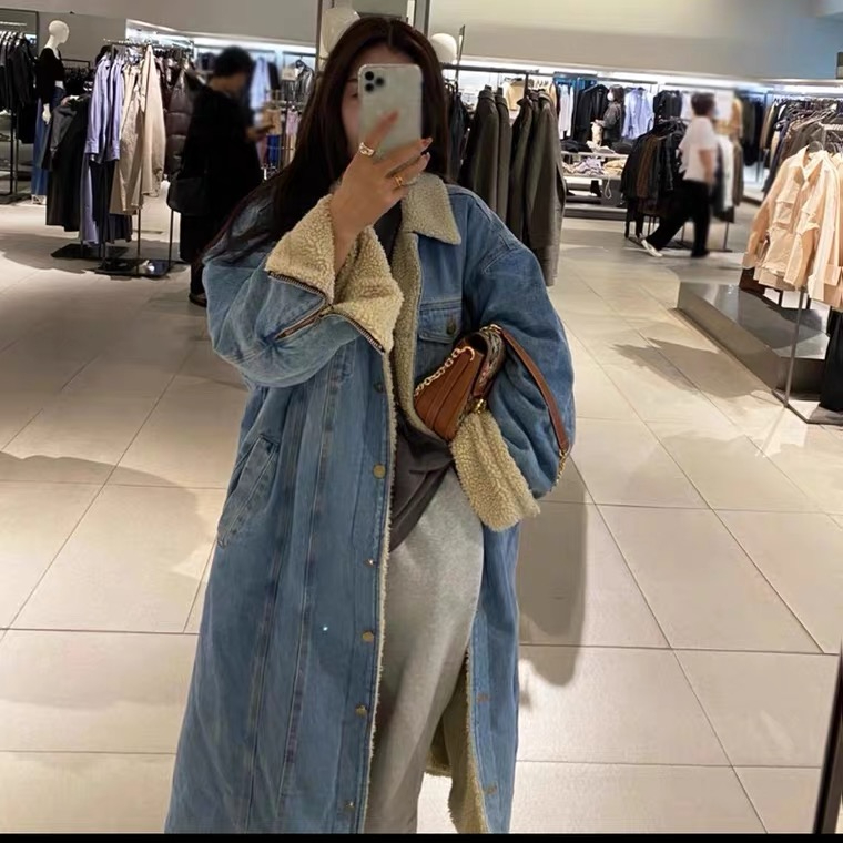 過膝長款棉服女韓系寬鬆休閒百搭加絨加厚牛仔外套大口袋棉衣